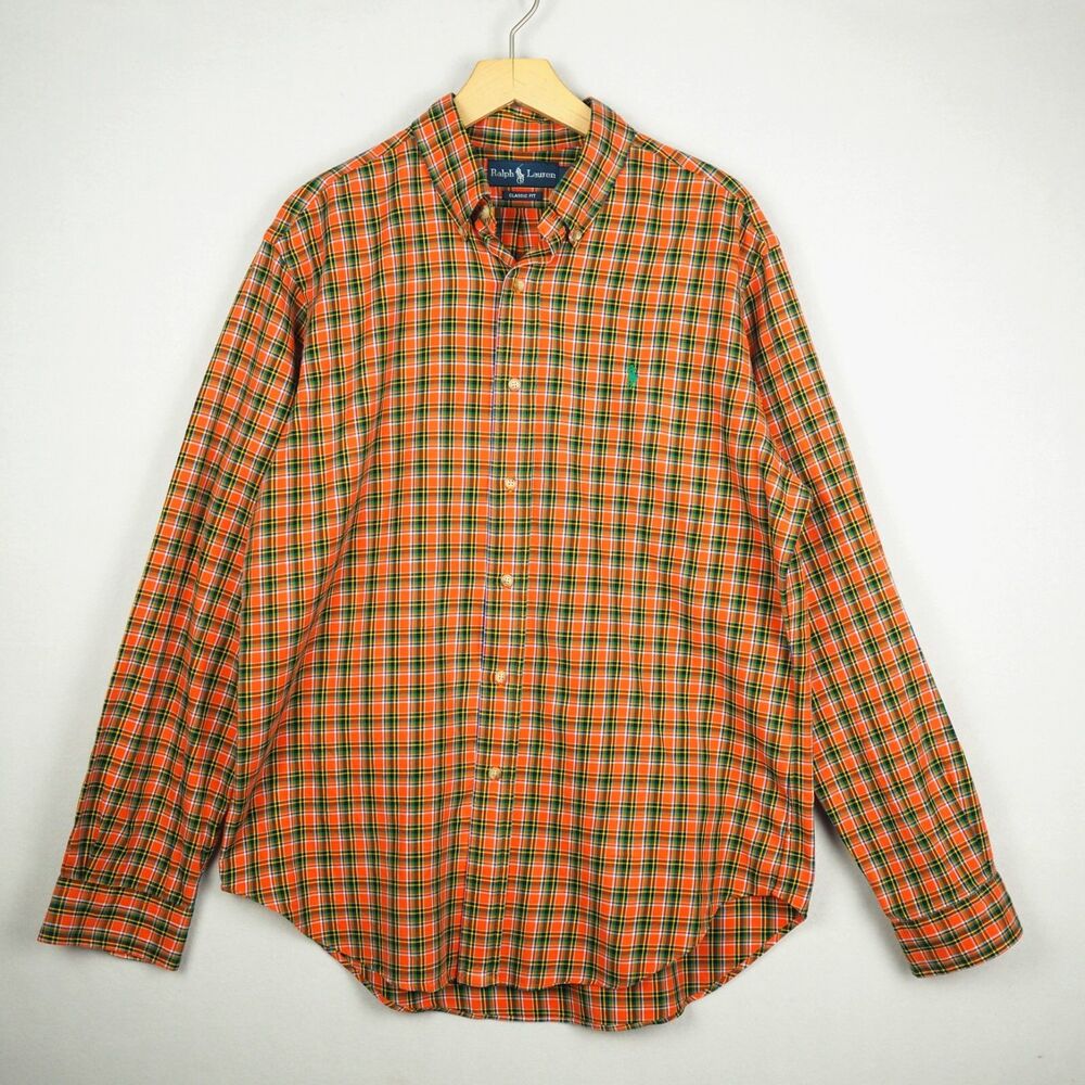 Polo Ralph Lauren Shirt Mens L Orange Tartan Plaid Green Pony Logo Classic Fit